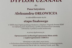 Dyplom uznania dla mgr inż. Aleksandra Orłowicza