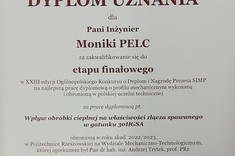 Dyplom uznania dla mgr inż. Moniki Pelc